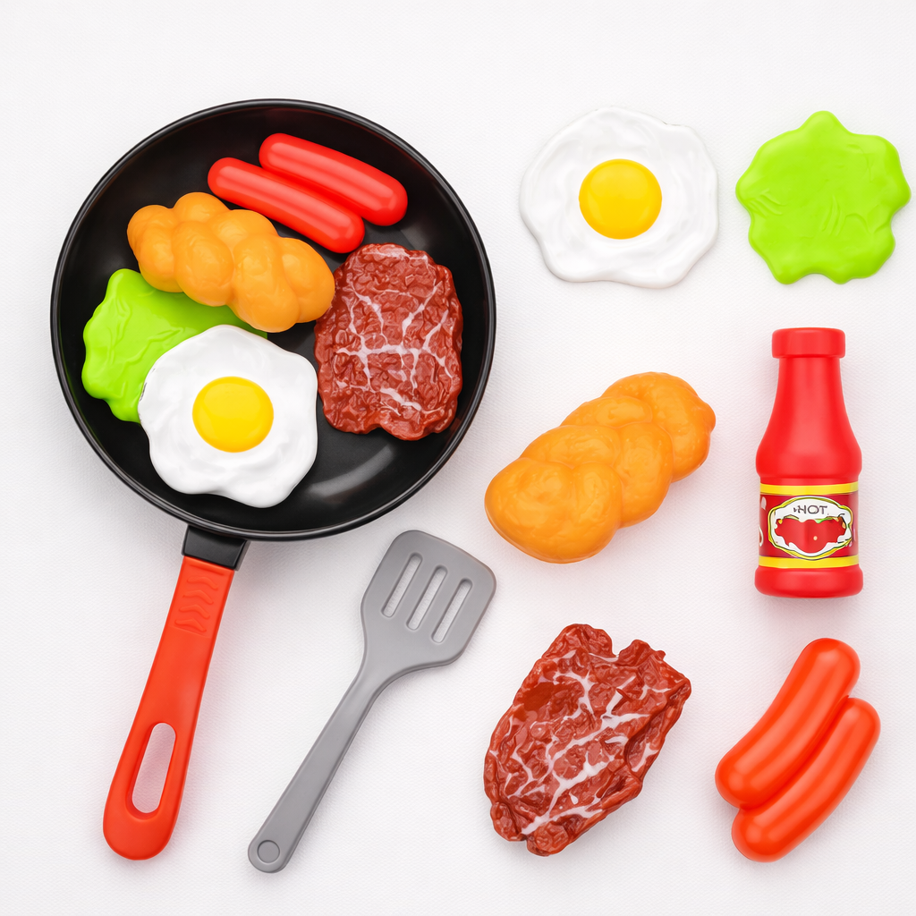 SET DE COCINA INFANTIL DE 8 PIEZAS: SARTÉN Y ALIMENTOS DE JUGUETE