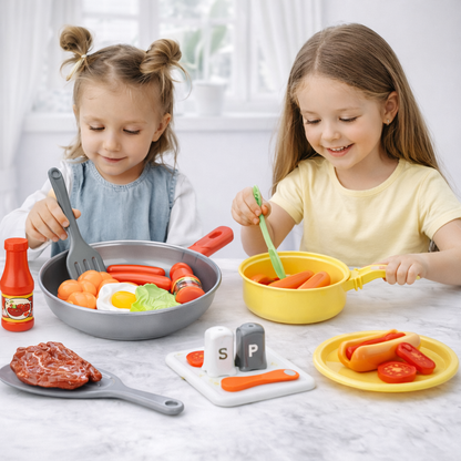 SET DE COCINA INFANTIL DE 8 PIEZAS: SARTÉN Y ALIMENTOS DE JUGUETE