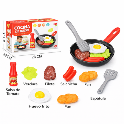 SET DE COCINA INFANTIL DE 8 PIEZAS: SARTÉN Y ALIMENTOS DE JUGUETE