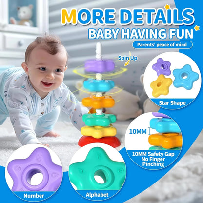 Montessori Rotating Rainbow Tower Baby stacking Puzzle Toys Children Develop Motor Skills Game Spinning Stacking Toys Kids Gift