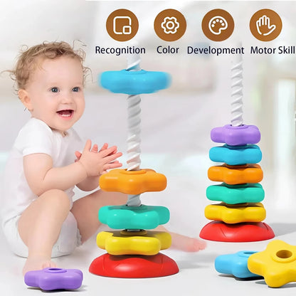 Montessori Rotating Rainbow Tower Baby stacking Puzzle Toys Children Develop Motor Skills Game Spinning Stacking Toys Kids Gift