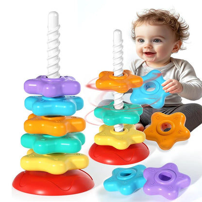 Montessori Rotating Rainbow Tower Baby stacking Puzzle Toys Children Develop Motor Skills Game Spinning Stacking Toys Kids Gift